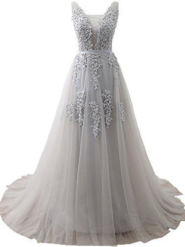 Women's V Neck Lace A-line Empire Long Formal Evening Dress Prom Gown