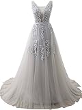 Lady's V Neck Lace Bridesmaids Dress Maxi Prom Dresses Plus Size Mother of The Groom Gown Grey,18w