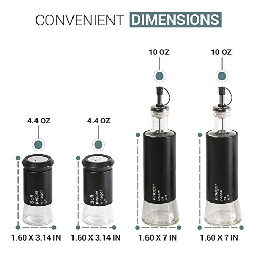 Salt and Pepper Shakers & Vinegar and Olive Oil Dispensers for the Kitchen - Airtight Glass Condiment Jars & Refillable Bottles - 4 Pcs Covered in Protective Black Metal & Stainless Steel Tops