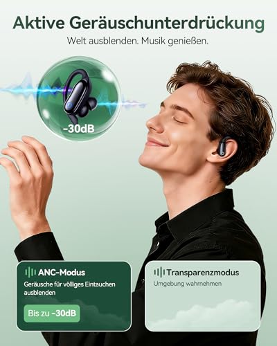 Sports Bluetooth Headphones with Ear Hook, ANC Noise Cancelling & Transparency Mode, 96H Runtime, IPX7 Water Resistant, ENC Microphone, In-Ear Headphones with Secure Hold for Running, Fitness