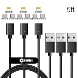 NetDot 3 Pack 5 feet 5th Generation i-Product+USB C+Micro USB 3 in 1 Nylon Braided USB2.0 Magnetic Charging Cable Compatible with Both Android Smartphone and i-Product (5 Feet 3 in 1/3 Pack Black)