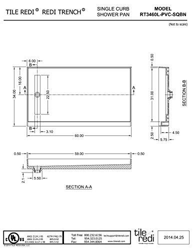 Tile Redi USA T3460L-SCDNBVZ Redi Trench Shower Pan, 60" W x 34" D, Brushed Nickel
