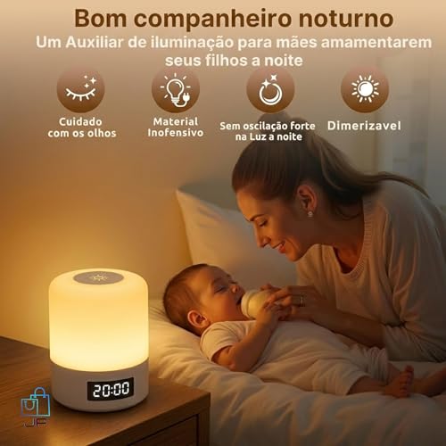 Luminária de Mesa LED Recarregável com Relógio Digital e Controle Remoto, Abajur Touch Ajustavel Sem Fio Portátil, Luz Noturna para Quarto Infantil, Berçário Escritório e Criado mudo