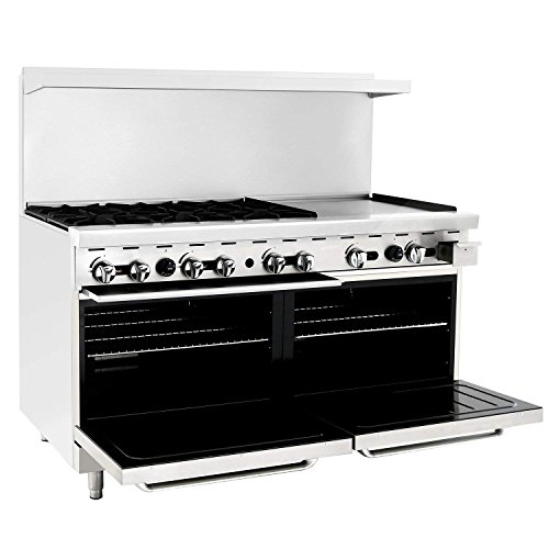 CookRite Commercial ATO-6B24G Liquid Propane Range 6 Burner Hotplates with 24" Manual Griddle 2 Standard Ovens 60'' Restaurant Range- 240,000 BTU