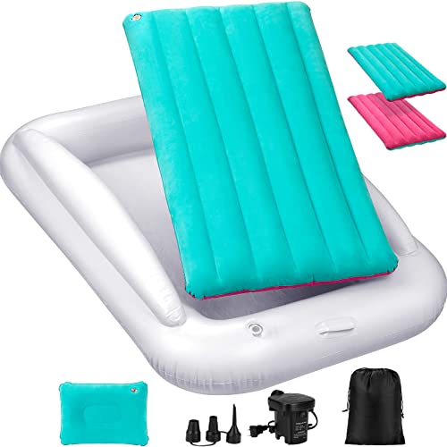 USHMA Inflatable Toddler Travel Bed, Portable Toddler Bed | Kids Air Mattress with Sides | Reversible 2 Colors Kids Blow Up Mattress -Mint Green & Pink
