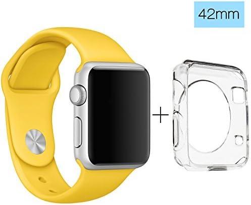 ClockChoice Silicone Watch Band Sport Replacement Kit for 42mm Series 1 & 2 Apple Watch, YELLOW, Bonus Case Included, No adapter needed, Includes 3 Pieces, for 2 Lengths, For Women and Men Use