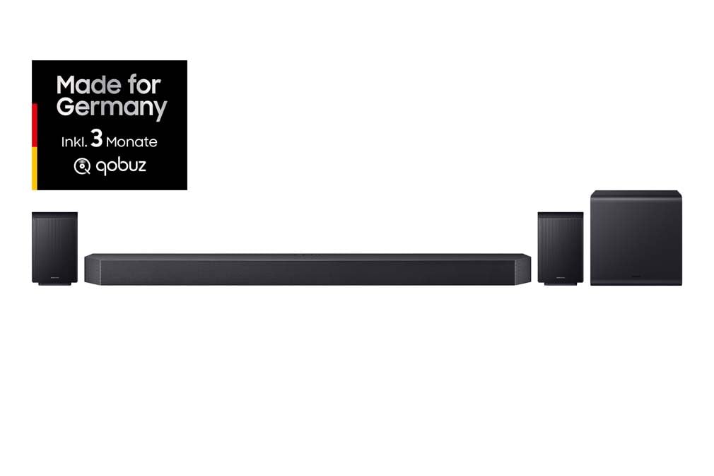 Samsung HW-Q995GF Q-Series 11.1.4-Kanal-Soundbar für Fernseher, Kabelloser 8"-Dual-Subwoofer, 4.0.2-Kanal-Rücklautsprecher, Kabelloses Dolby Atmos und DTS:X, SpaceFit Sound Pro, Q-Symphony 2