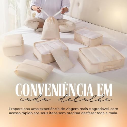 Kit Organizador de Malas para Viagem 7 Peças Conjunto Organizador Completo Bolsas Necessaire Sapatos Maquiagem Roupas Bagagem Organizada (Bege)