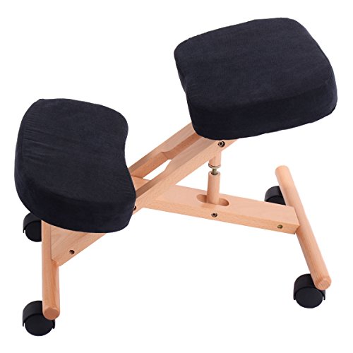 Ergonomic Kneeling Chair Wooden Adjustable Mobile Padded Seat and Knee Rest New Black