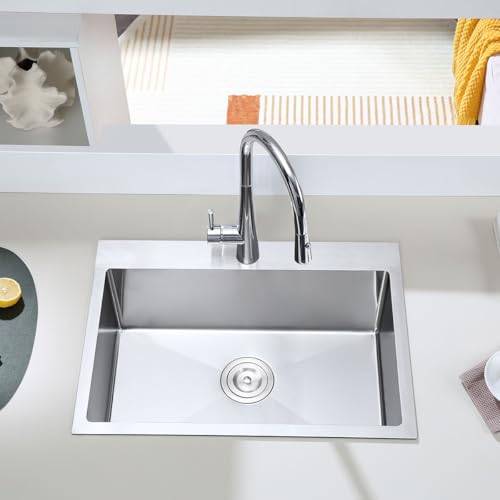 TSIBOMU 28 Inch Drop in Kitchen Sink, 18 Gauge 304 Stainless Steel Topmount Single Bowl Single Faucet Hole Handmade Kitchen Sink, 28" x 18" x 9"