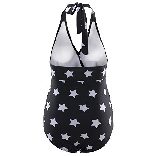 Maternity Bikinis Tankini Halter Swimsuit One Piece Pregnant Beachwear Black with White Stars L - Thumbnail 2