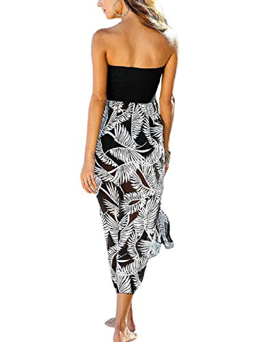LRUD Damen Bohemian Blumendruck Schulterfrei Knielang Strandkleid Schwarz Weiß Sommerkleid Frauen Bademode, M, Schwarz… – Bild 3