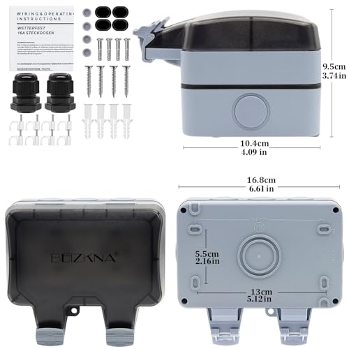 Outdoor Socket IP66 Waterproof Socket with Switch Indicator Light, Wall Socket Wet Room Surface-Mounted Protective Contact Garden Socket Dustproof Weatherproof Outdoor Socket with Hinged Lid