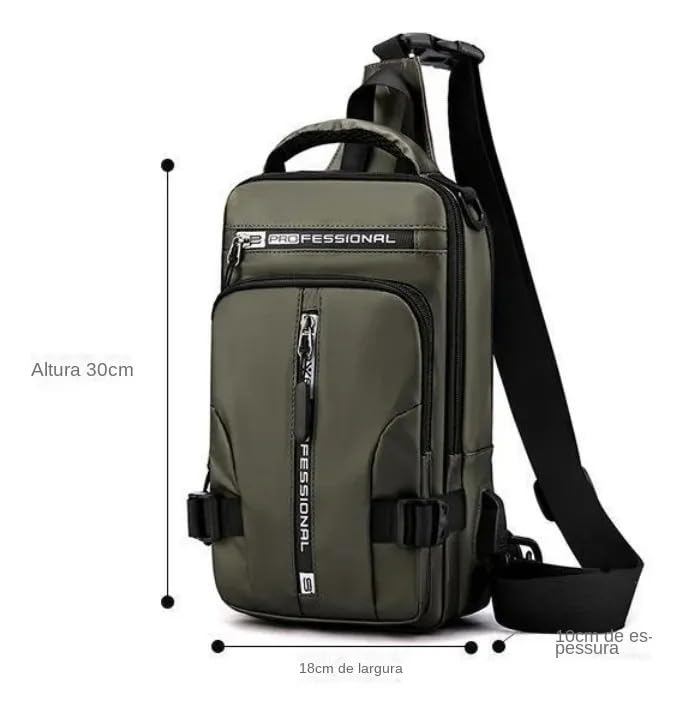 Bolsa Masculina Transversal Impermeável, Mochila com Saída USB, Pochete Grande em Poliéster, Alça Ajustável para Tablet e Celular