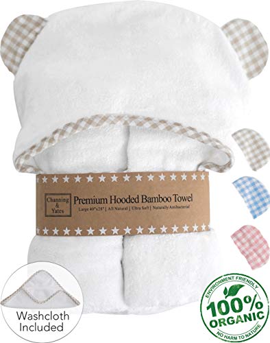 Premium Baby Towel with Hood and Washcloth Gift Set - Organic Baby Towels and Washcloths - Bamboo Hooded Towels for Baby - Hypoallergenic Large Toddler Towels for Boys or Girls (Beige/White)