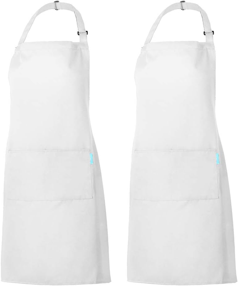 esonmus Unisex-Adults Polyester Kitchen BBQ Restaurant Apron with Adjustable Neck Belt and Pockets for Cooking Baking and Gardening 2 Pieces White
