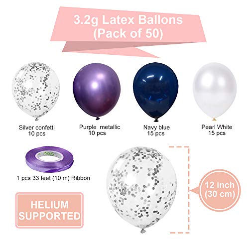 SKYIOL Ballons Bleu Violet Blanc Argenté Confettis Métalliques Ballons Hélium Latex des Décorations Fête de Ruban 10m pour Garçons Filles Enfants Mariage Douche de Bébé, 50 Pièces 30 CM