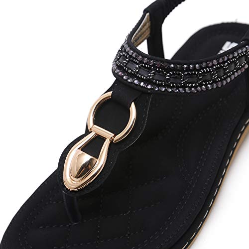 Women's Bohemian Summer Flat Thong Sandals, Black T-Strap Flip Flop Glitter Rhinestone Shiny Golden Metal Shoes for Dressy Casual Jeans Daily Wear and Beach Vacation, Homecoming Vintage Evening Party - Thumbnail 3