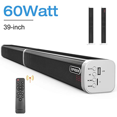 Soundbar, TOPVISION Detachable Stereo Sound Bar (60Watt and 39-inch) Subwoofer insaide, Strong Bass Wired and Wireless Bluetooth 5.0 Audio Speakers for TV (2019 Updated Version)