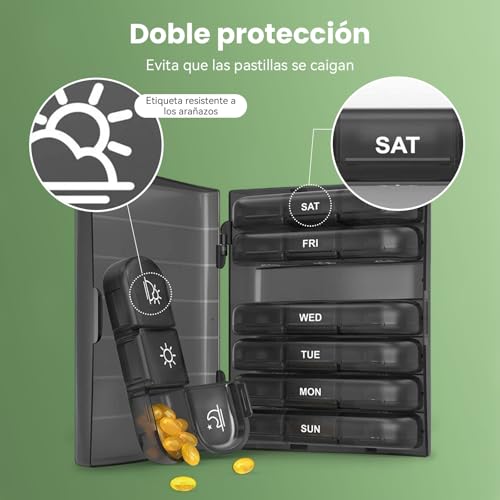 Organizador de Pastillero Semanal, Pastillero para 7 Día de Píldoras Portátil, tres veces al día, protección de privacidad negra Estuche de pastillas AM PM para medicamentos, vitaminas, aceites de pescado, suplementos