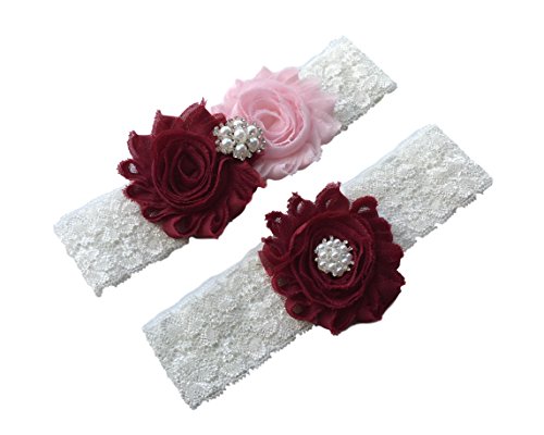Daddasprincess Ivory wedding garter white lace bridal belt small to plus size (L:22-26 inches, Wine and blush)