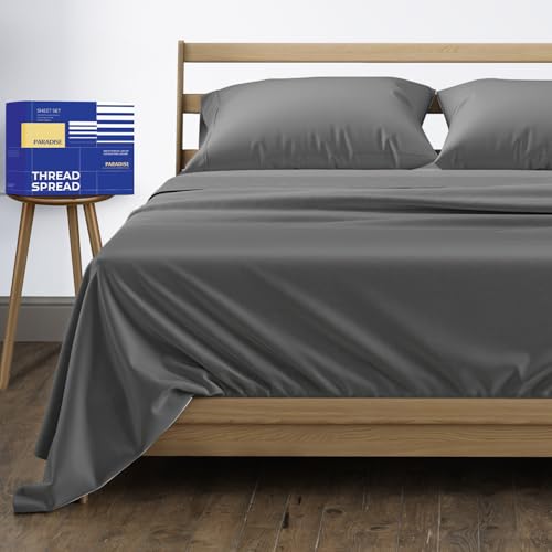 THREAD SPREAD Lot de 4 draps 100% Coton égyptien véritable 1 000 Fils au Pouce carré pour Matelas jusqu'à 45,7 cm d’épaisseur, Coton, Gris foncé, Queen Size