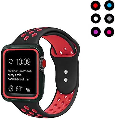 Compatible with Apple Watch Band with Case 38mm 40mm， Vitech Soft Silicone Sport iWatch Band with Shock-Proof Protective Case for Series 3/2/1 (38mm) Series 4 (40mm) (Black/Red, 38mm/40mm S/M)