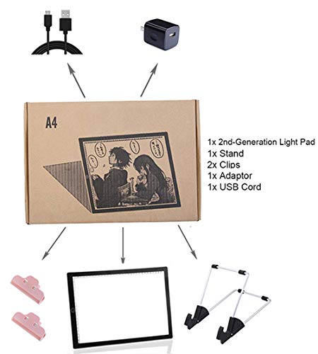 SanerDirect Diamond Painting A4 Light Pad, 2nd-Generation Ultra-Thin Tracing Light Board, USB Powered Adjustable Brightness Light Board with Clips, Stand