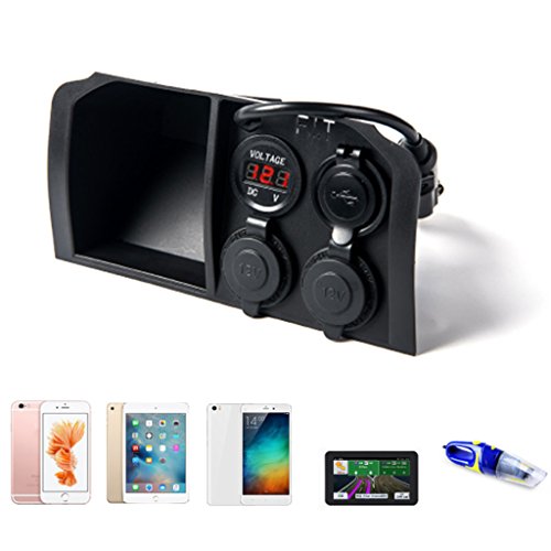 Qisuw Waterproof Dual USB Port Car Motorcycle 2 Way Cigarette Lighter Socket Charger LED Digital Display Voltmeter 12V