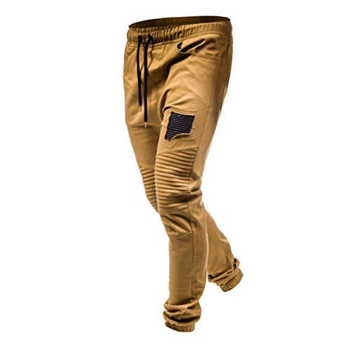 DEATU Joggers Pants Men's Classic Drawstring Zipper Pockets Sport Sweat Pants (M, Khaki)