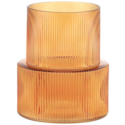 Photo 1 of YANWE1 Amber Glass Vase, Ribbed Glass Vase for Flowers, Flower Vases for Bouquet, Fluted Vase for Living Room, Dining Table, Entryway, Mantle, Shelf, Wedding, Office, 7.5 Inches