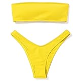 DEZZAL Women's Strapless Ribbed Lace up High Cut Two Piece Bandeau Bikini Set(Yellow, S)