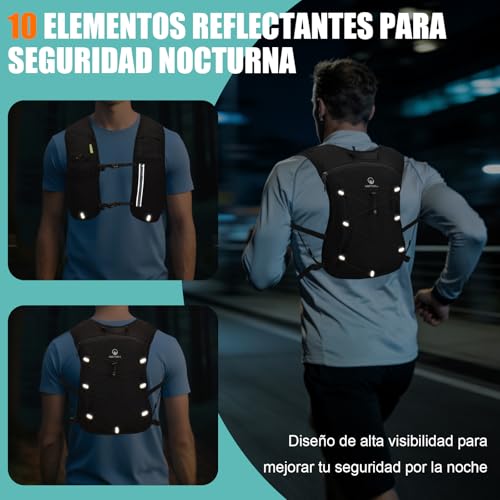 ONETOALL Chaleco Running Hombre Mujer con Botella 500ml y Luz LED Recargable, Chaleco Hidratacion Trail Running, Running Vest, Mochila Hidratacion para Correr Senderismo Montaña Deporte, Solo 175g