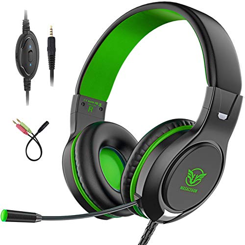 Pobon Gaming Headset for Xbox One / PS4 / Nintendo Switch/Mac/PC/Smart Phones/iPad, Noise Canceling Bass Surround Sound 3.5mm Jack Over-Ear Game Headphones with Mic (Green)