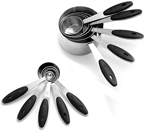 Kitchen Stainless Steel Measuring Cups &amp; Spoons Set of 10 Pieces for Dry &amp; Liquid Soft Silicone Handles for Easy Grip Engraved Measurements Black