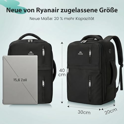 MATEIN Ryanair Hand Luggage 40 x 30 x 20 cm with Wet Compartment, 24 L Backpack, Hand Luggage, Aeroplane, Lightweight, black, Classic