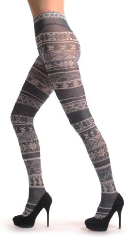 LissKiss Black & White Aztec Reindeers - Black Printed Designer Pantyhose (Tights)