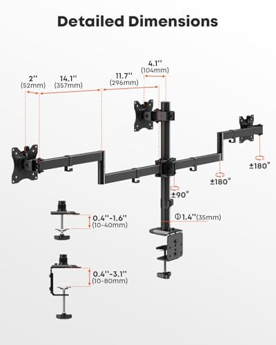 Triple Monitor Mount,3 Monitor Desk Mount Fits 13-27 inch Screens,Triple Monitor Stand Fully Adjustable with Cable Management,10kg Weight Capacity per Arm,VESA 75/100mm