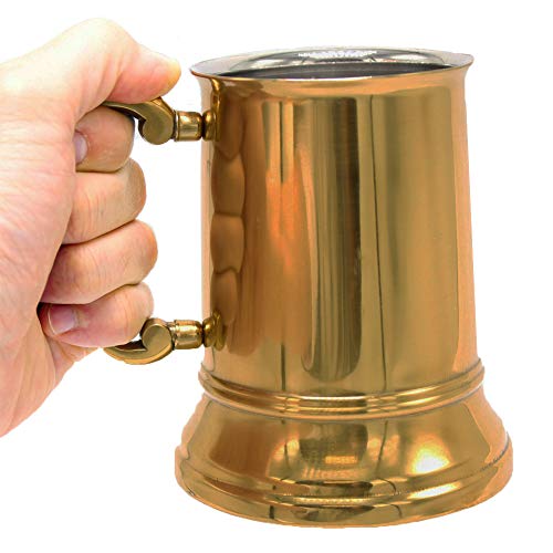 Jodhpuri Handcrafted Stainless Steel Beer Mug with Handle - Shiny Metal Drink Tankard for Beer, Ale, Wine, Mead, Water and Other Beverages -Food Safe Drink Cup - Gold - 16 oz Capacity - Thumbnail 3