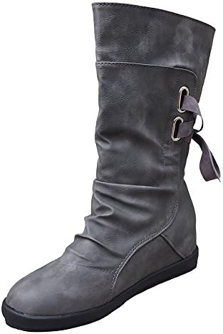 Sunhusing Women's Solid Color Suede Mid-Tube Lace Trim Boots Ladies Flat Heel Nubuck Knee High Boots Snow Boots