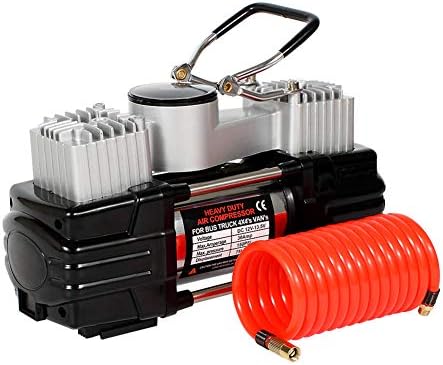 Tyre Inflator, Heavy Duty Double Cylinders Metal Air Compressor Tyre Pump with Portable Bag 12V,150PSI,70/Min, with 3 Adapters for Car, Bike, SUV Tires, Dinghy, Air Bed etc