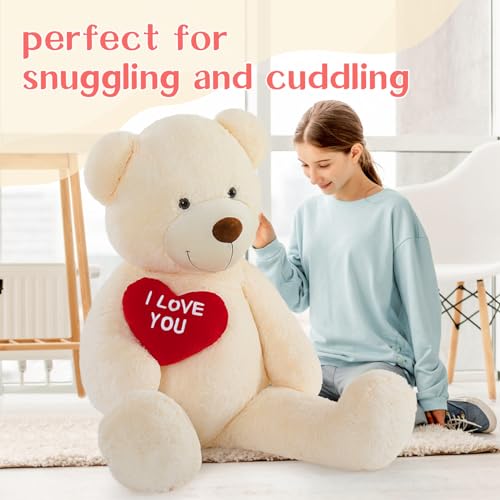 MorisMos 130 cm Giant Plush Bear with I Love You, XXL Ivory Plush Teddy Bear Large Soft Teddy Bear Gift for Baby Girlfriend Her Birthday Decorations