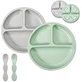PandaEar 2 Pack Silicone Baby Plates with Suction and Spoon Fork| Silicone Divided Plate| Toddler Plates Non-Slip, Non-Toxic,