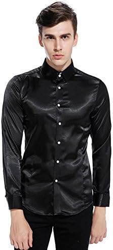 DAOGUAN Mens Metallic Casual Fashion Nightclub Styles Long Sleeves Button Down Dress Shirts (US X-Large (Tag Size XXL), Black)