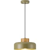 Mid-Century Modern Pendant Light,12.6" Natural Wood & Olive Green Metal Shade,Adjustable Kitchen Island Dining Room Lighting 