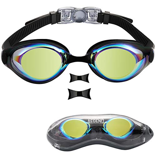 aegend Swim Goggles, Swimming Goggles of Flat Lens for Men Women Adult Youth Kids Children, Anti-Fog UV Protection Leak-Proof Triathlon Swim Goggles with Protection Case, Mirrored
