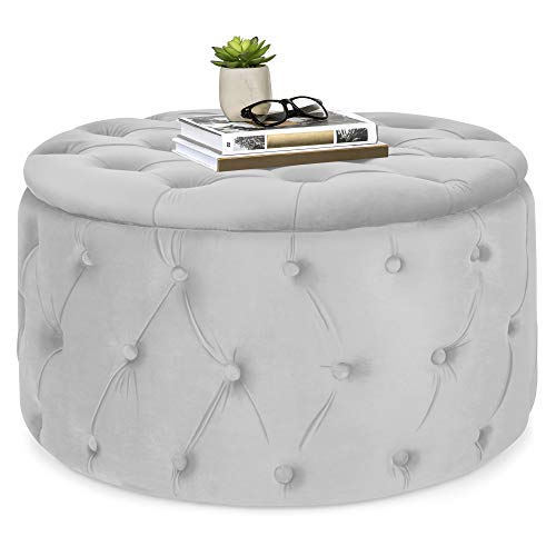 Best Choice Products 29.5in Round Modern Button-Tufted Velvet Ottoman Footrest Stool Accent Furniture, Coffee Side Table for Living Room, Bedroom w/Wood and Foam Frame - Light Gray