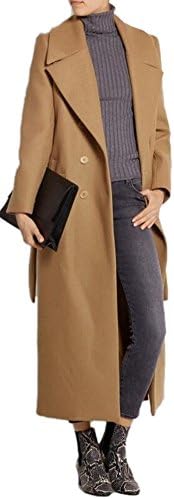 Women's Camel Lapel Double Breasted Full-Length Slim Trench Wool Coat With Belt XL