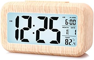 Alarm Clock,TISSA Digital Morning Clock, Woodgrain Travel Clock with Large LCD Screen,Snooze Button,Soft Nightlight and progressively Louder Alarm, Battery Operated (Grained)