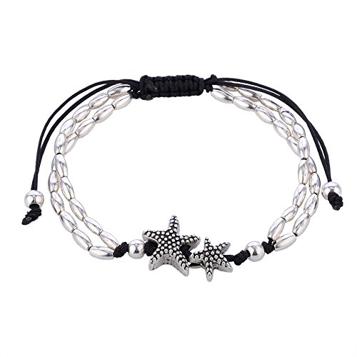 Zealmer Layered Starfish Anklet Boho Vintage Barefoot Anklet Bracelet Beach Sandal Feet Chain Jewelry Silver Color with Black Rope